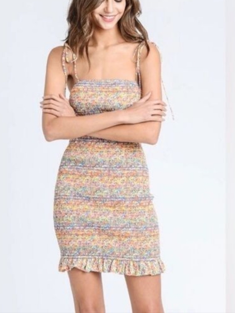 Storia Multicolor plaid Smocked Tie-Shoulder Mini Dress size medium EUC